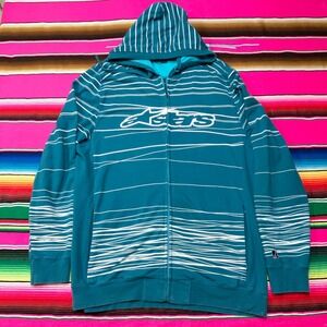 Vintage Alpinestars Hoodie‎ Men's XL Teal Blue Full Zip Motocross Skate Y2K